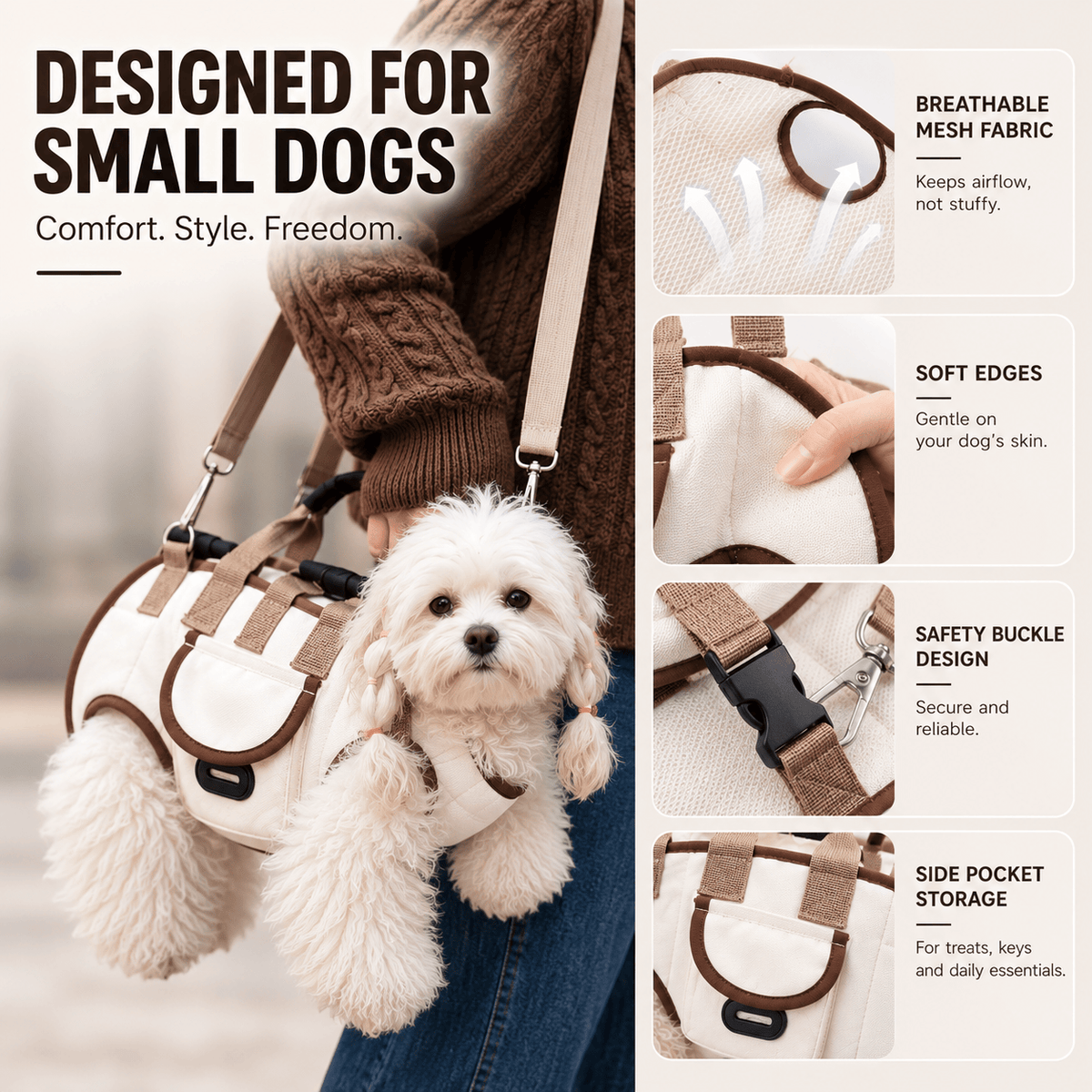 Designed for small dogs: breathable mesh fabric, soft edges on the leg openings, safety buckle and a side storage pocket, shown on a Bichon in the carrier