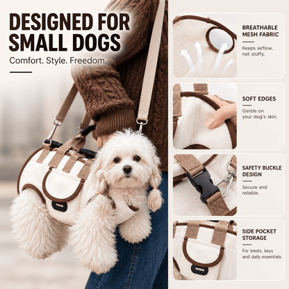 Designed for small dogs: breathable mesh fabric, soft edges on the leg openings, safety buckle and a side storage pocket, shown on a Bichon in the carrier