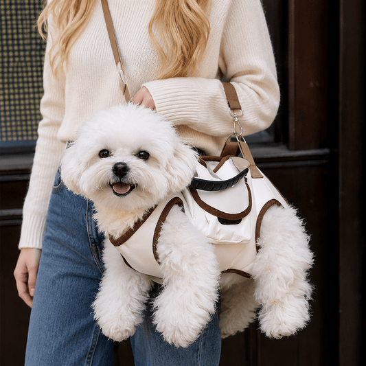 Noblias dog sling carrier harness worn cross-body by a woman with a white Bichon Frise riding in it, leash clipped to the top ring