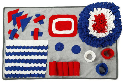 The Noblias dog snuffle mat laid flat, showing its fleece strips, scalloped pockets, rolled tubes, rings and button circles