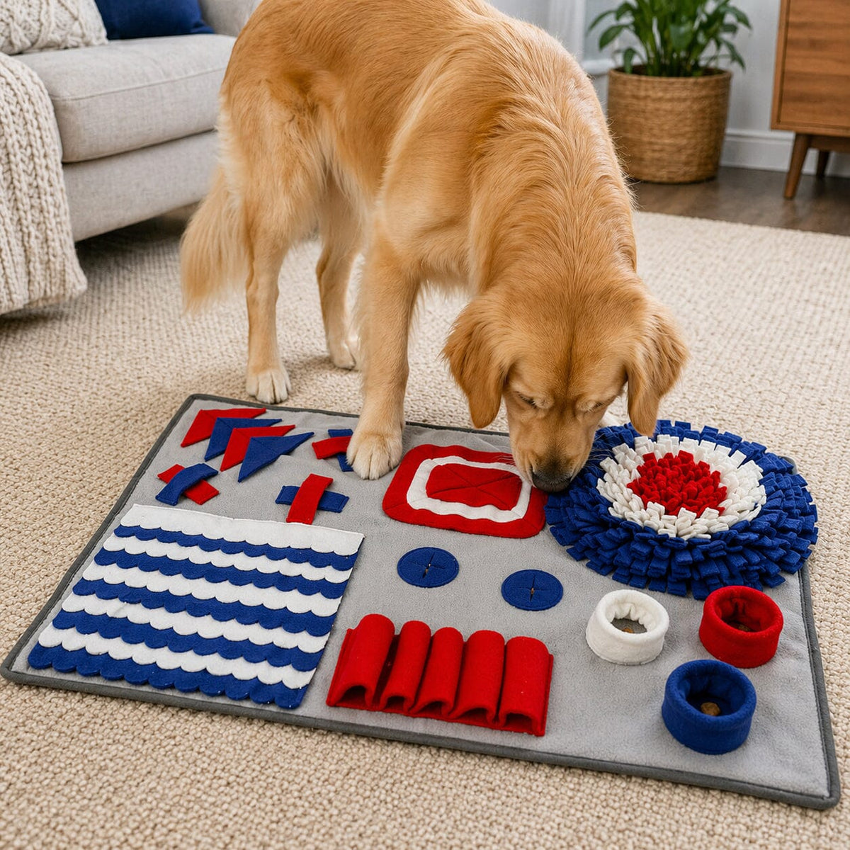 Golden Retriever nosing through the snuffle mat on a living room rug in search of hidden kibble