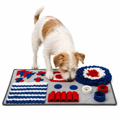 Jack Russell Terrier working across the snuffle mat, searching the pockets and tubes for hidden food