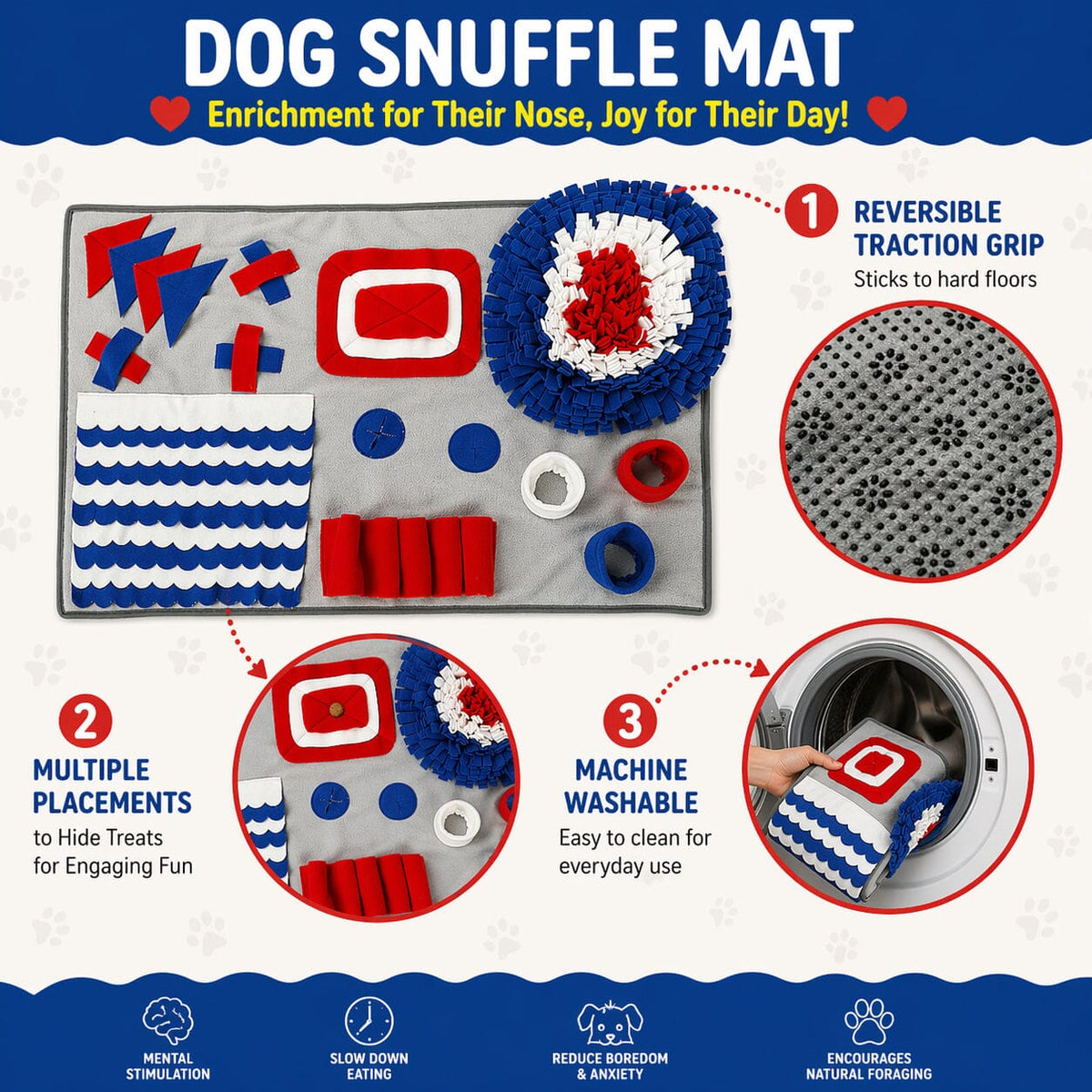 Feature panel showing the reversible traction grip backing, the multiple treat hiding placements and the machine washable construction