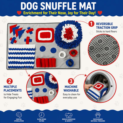 Feature panel showing the reversible traction grip backing, the multiple treat hiding placements and the machine washable construction