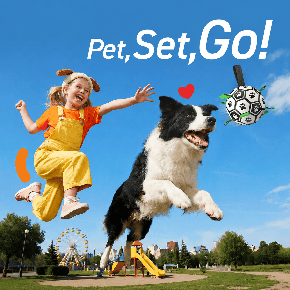 Border Collie leaping mid-air after the dog soccer ball beside a child in a playground