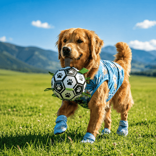 Golden Retriever carrying the Noblias dog soccer ball across a lawn by one of its green grab tabs