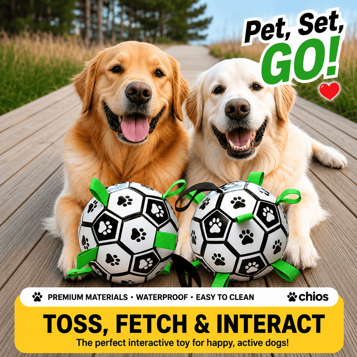 Two Golden Retrievers sitting with the soccer ball on a boardwalk under a toss, fetch and interact banner