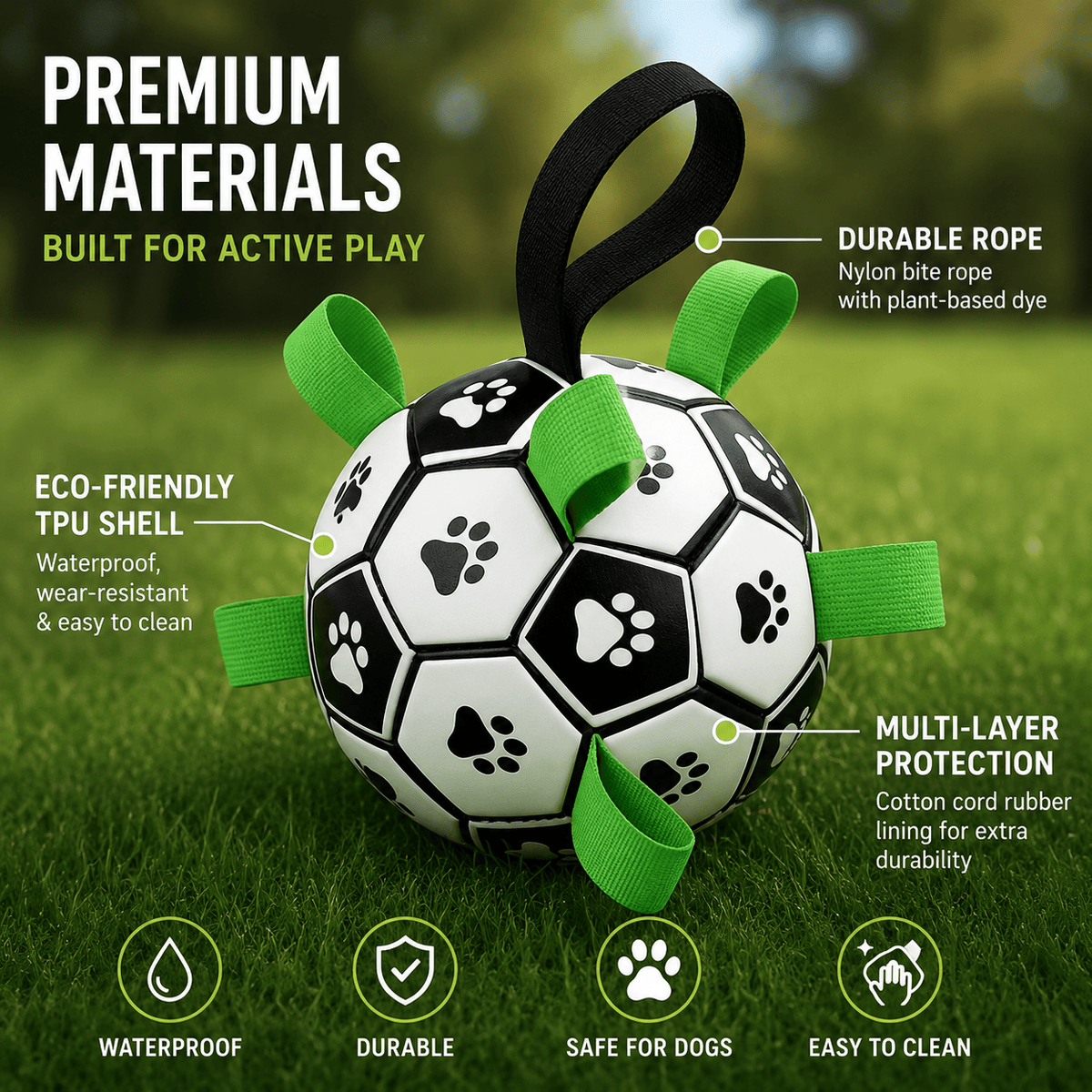 Premium materials panel naming the eco-friendly TPU shell, the nylon tab rope with plant-based dye and the multi-layer cotton cord rubber lining