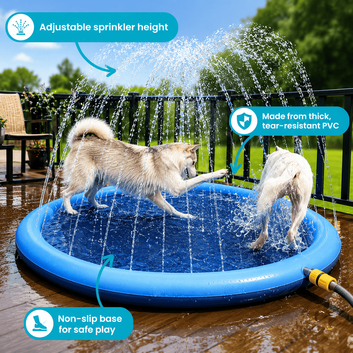 Features of the Noblias dog splash pad: adjustable sprinkler height, thick tear-resistant PVC and a non-slip base.