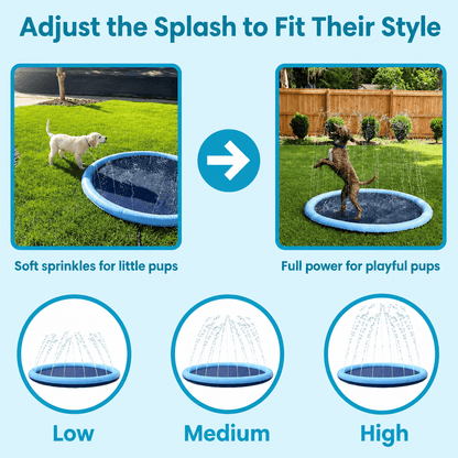 The Noblias dog splash pad set to low, medium and high spray, from a soft sprinkle for nervous dogs to full jets.
