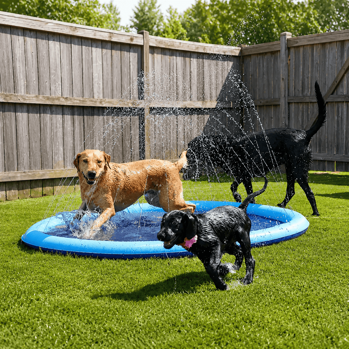 Three dogs playing in and around the Noblias splash pad on grass with the sprinkler running.