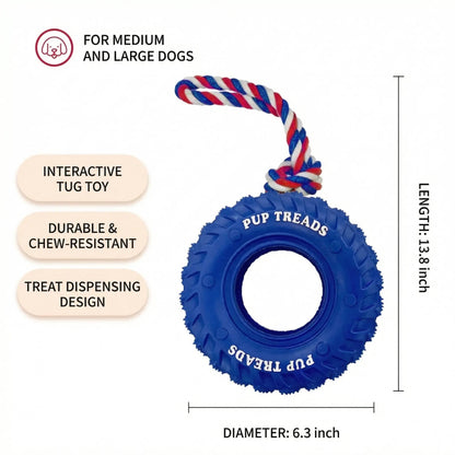 Blue tire toy with rope shown with its 13.8 inch length and 6.3 inch tire diameter, labeled for medium and large dogs