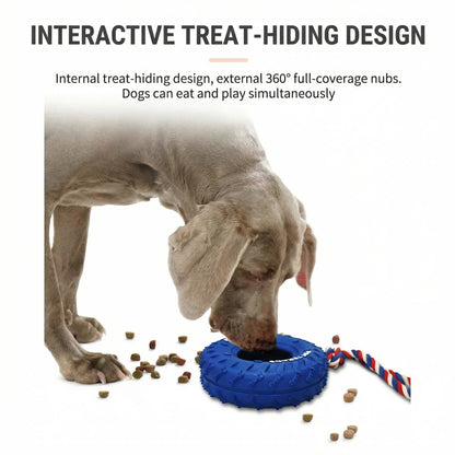 Treat-hiding panel showing a Beagle eating kibble from the open center of the blue tire, with the 360 degree nubs called out