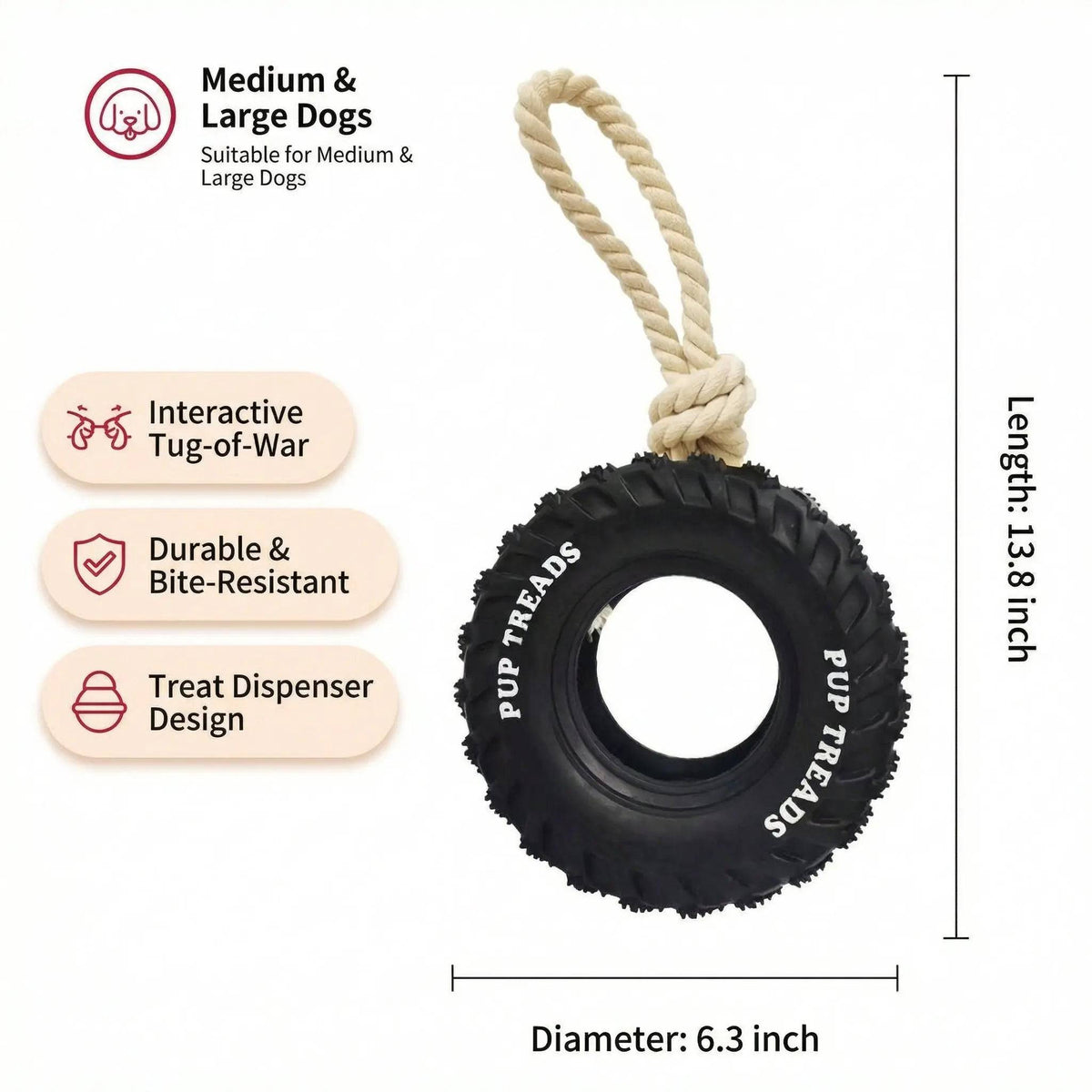 Black tire toy with rope presented as an interactive tug-of-war toy for medium and large dogs, 13.8 inches long