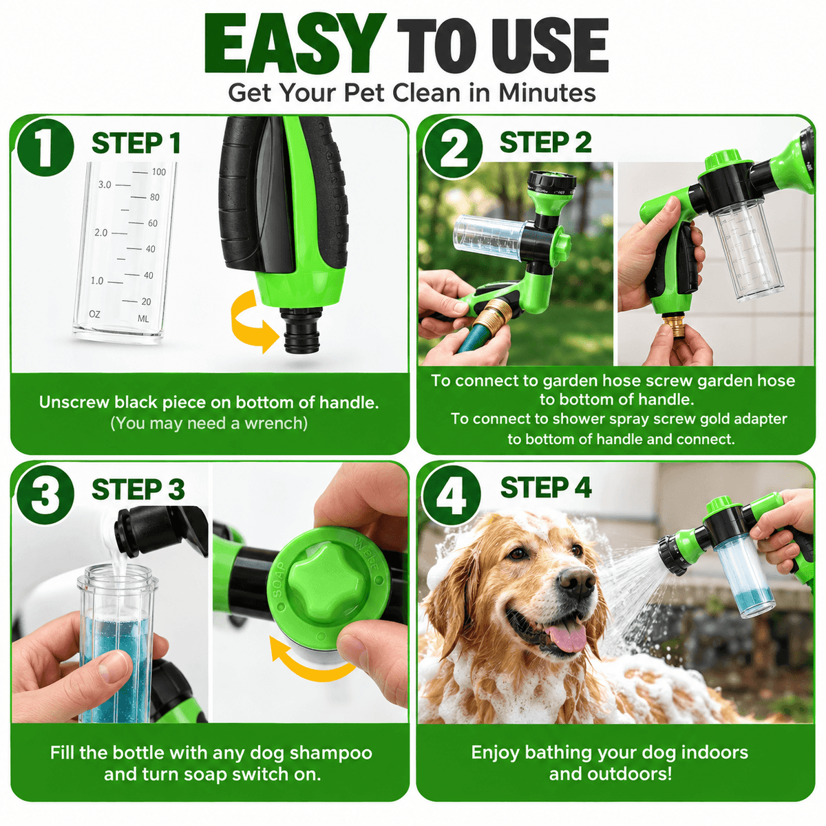 Four-step guide to filling, connecting and using the dog washing hose attachment.