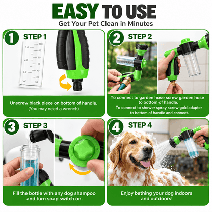 Four-step guide to filling, connecting and using the dog washing hose attachment.