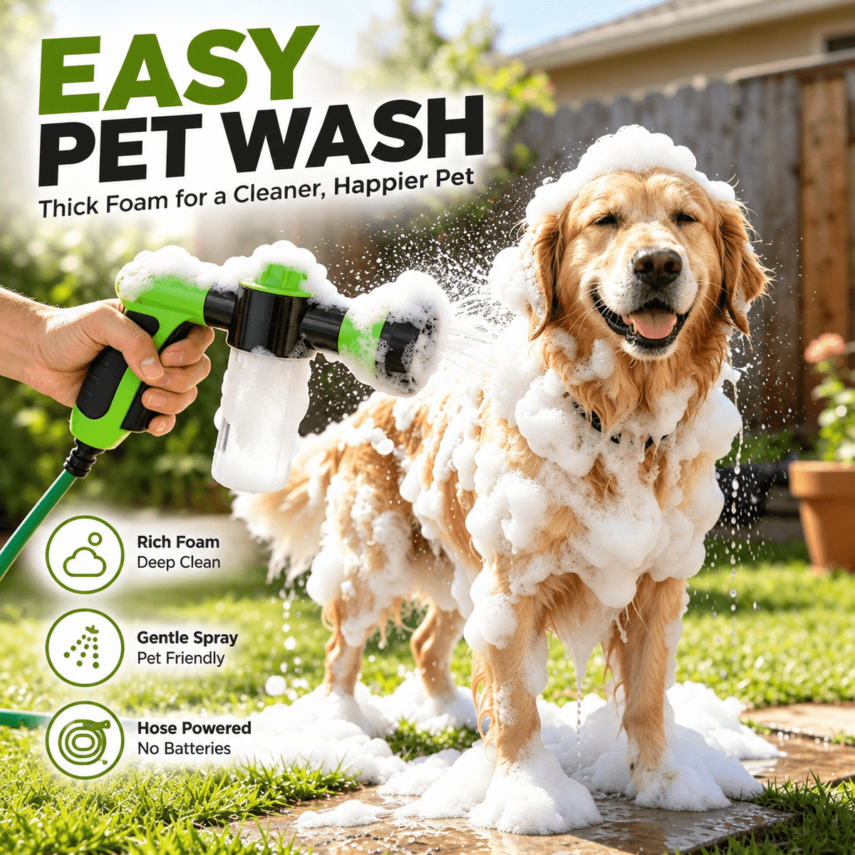 Golden retriever covered in foam being sprayed with the dog washing hose attachment in a backyard.
