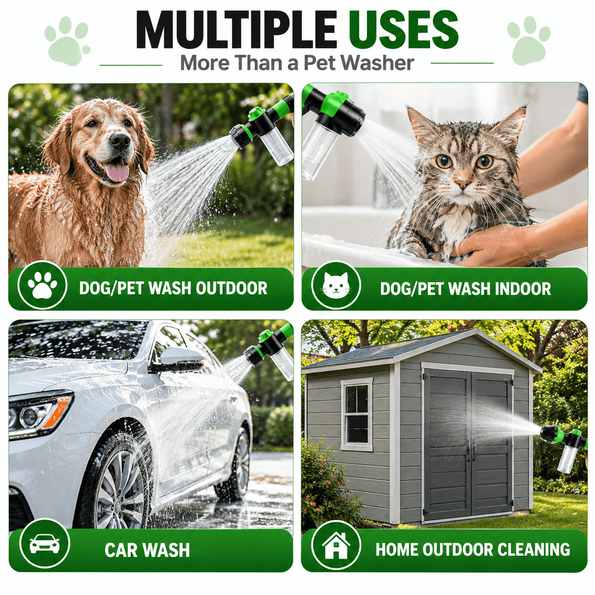 The dog washing hose attachment used for outdoor dog baths, indoor pet washing, car washing and outdoor cleaning.