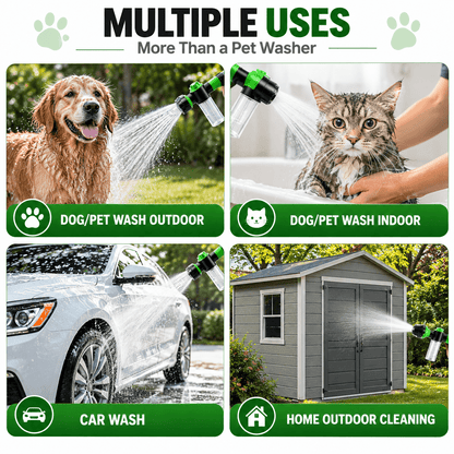 The dog washing hose attachment used for outdoor dog baths, indoor pet washing, car washing and outdoor cleaning.