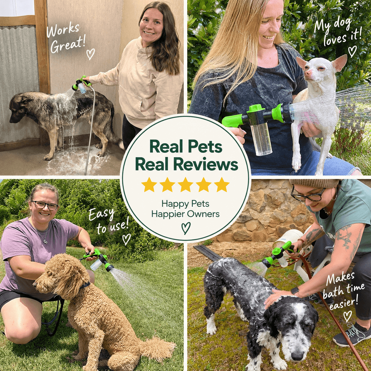 Collage of pet owners washing their dogs outdoors with the dog washing hose attachment.