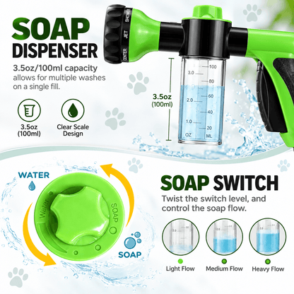 Clear 100 ml soap dispenser of the dog washing hose attachment and the soap switch with light, medium and heavy flow.