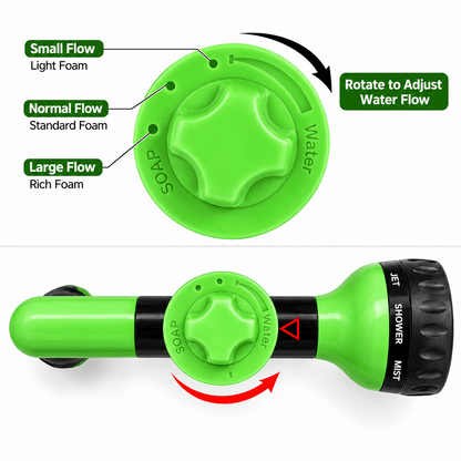 Close view of the soap flow dial on the dog washing hose attachment with small, normal and large flow settings.