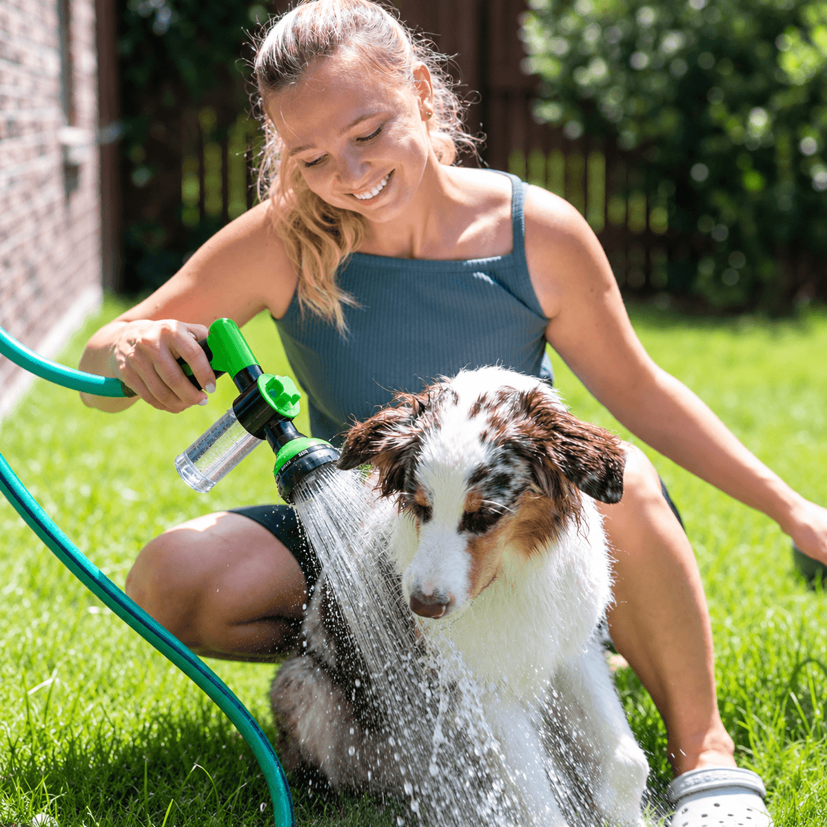 Smiling woman rinsing her dog on the lawn with the dog washing hose attachment.