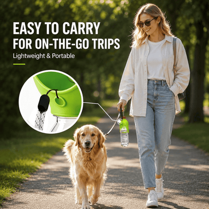 A woman walking a golden retriever with the green Noblias bottle attachment clipped to the lead by its wrist strap.