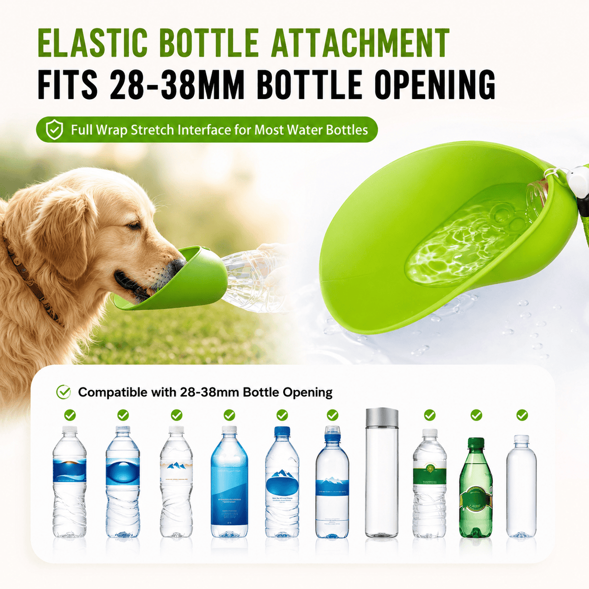 Compatibility panel showing the elastic Noblias attachment fitting bottle openings from 28 to 38 mm across nine common bottle brands.