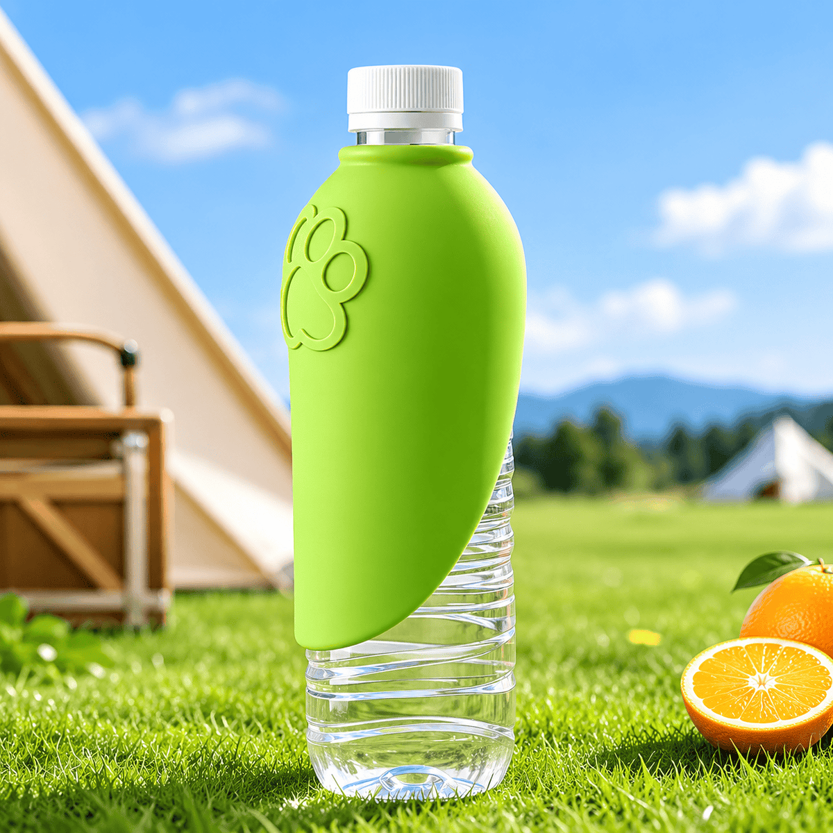 The green Noblias silicone attachment fitted on a clear water bottle standing on grass.