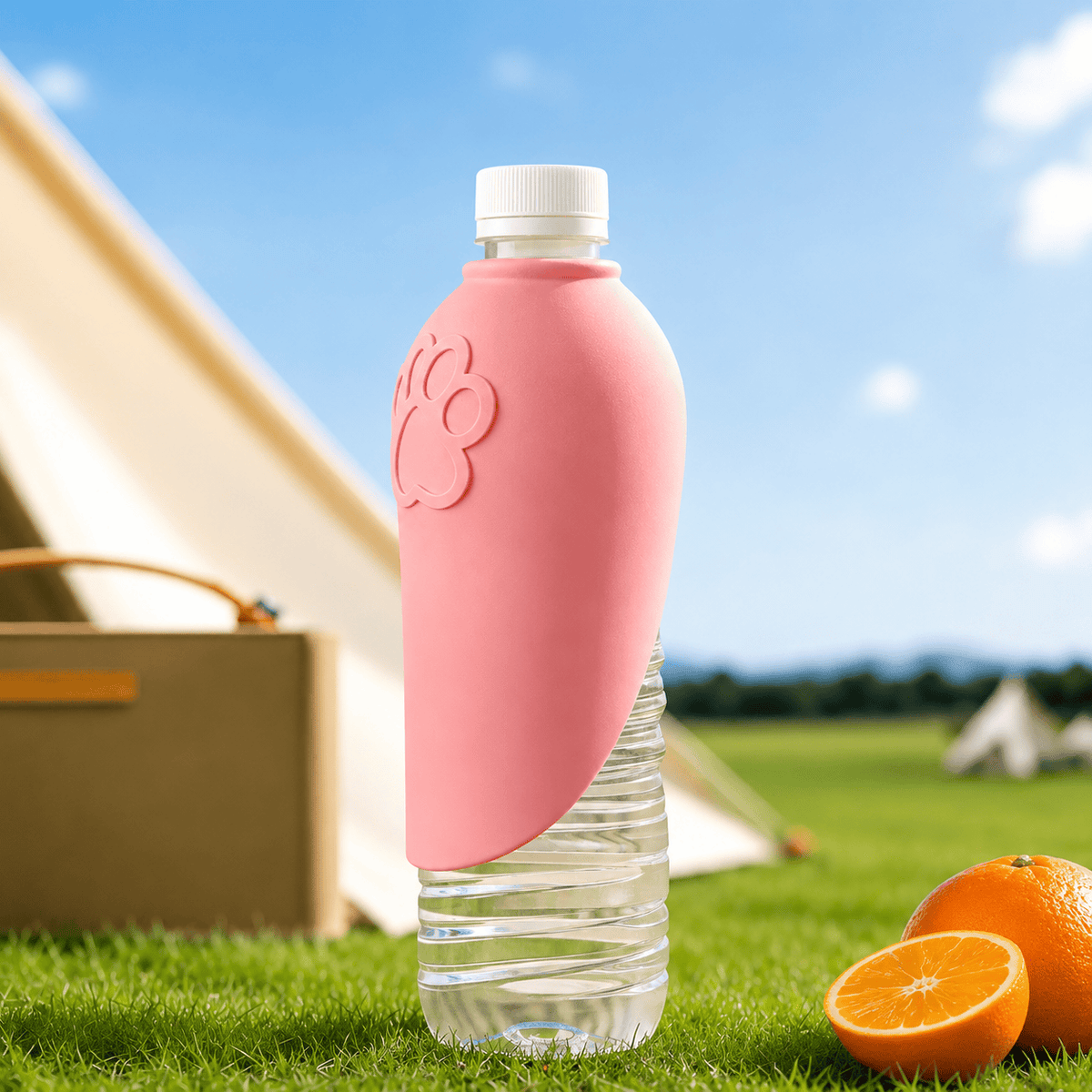 The pink Noblias silicone attachment fitted on a clear water bottle standing on grass.