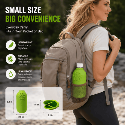 Size panel for the Noblias bottle attachment giving the sleeve and folded bowl measurements beside a woman carrying it in a backpack.