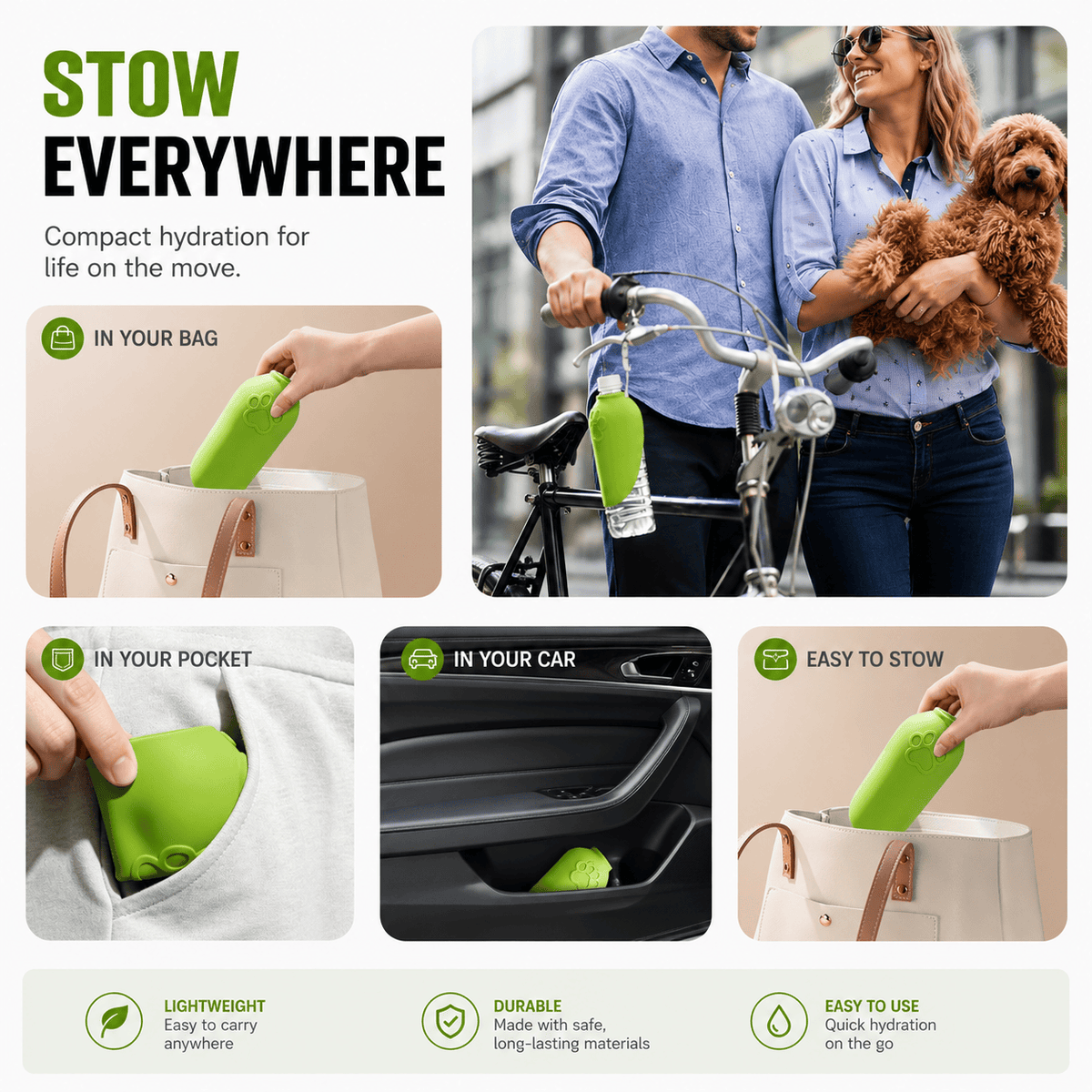 The Noblias bottle attachment stowed in a bag, a travel pocket, a car door and on a bicycle handlebar.