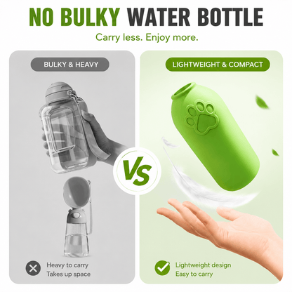 The slim Noblias bottle attachment compared with a bulky dedicated dog water bottle, shown as lighter and easier to carry.