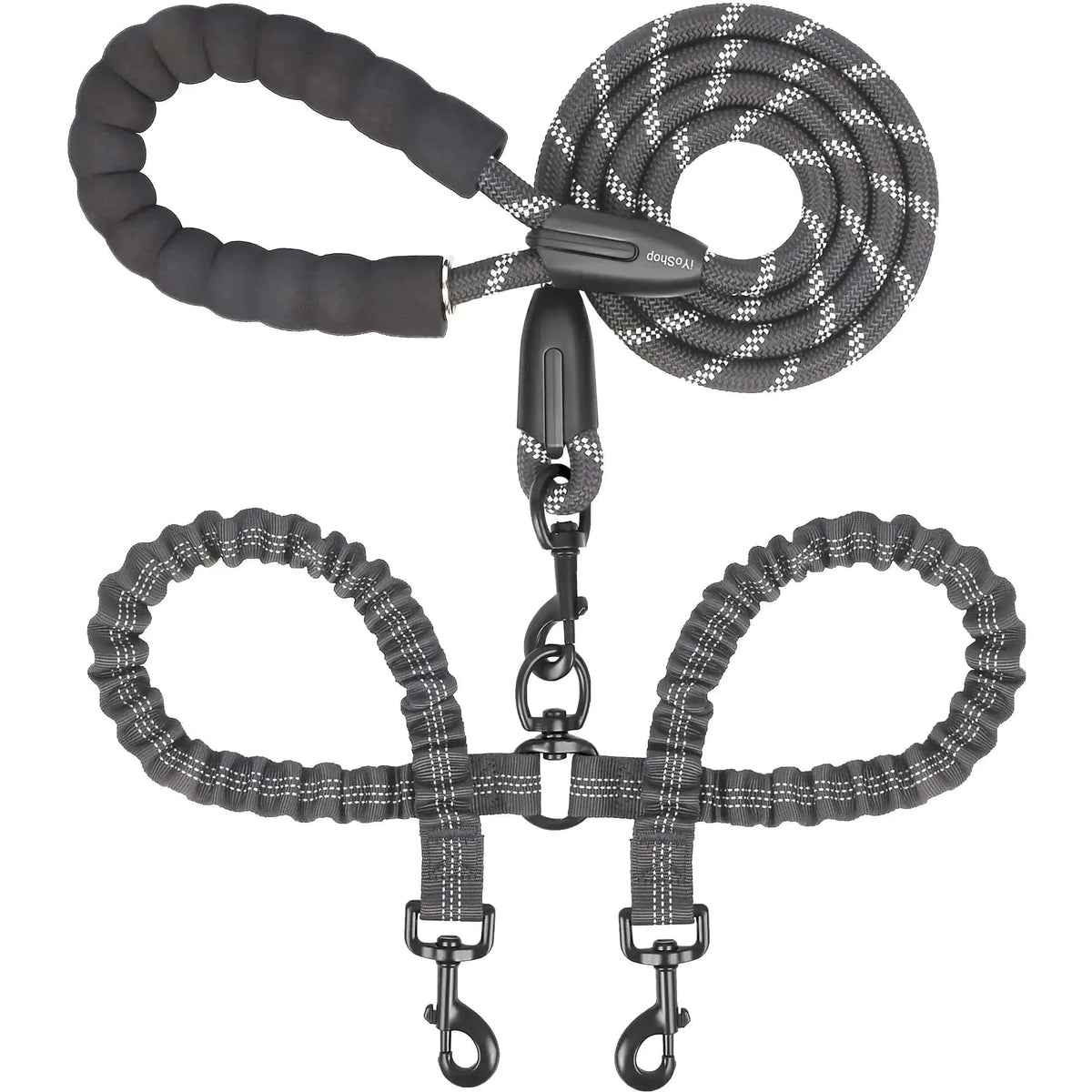 Black Noblias double dog leash coiled to show the padded handle, bungee branches and twin metal clasps
