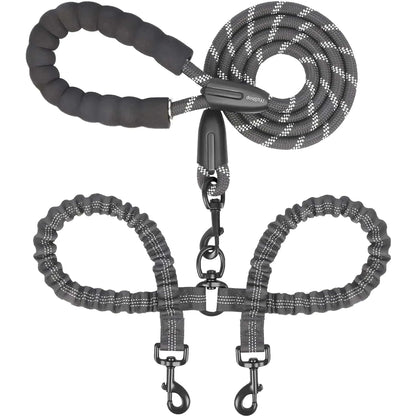 Black Noblias double dog leash coiled to show the padded handle, bungee branches and twin metal clasps