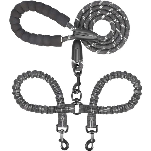 Black Noblias double dog leash coiled to show the padded handle, bungee branches and twin metal clasps