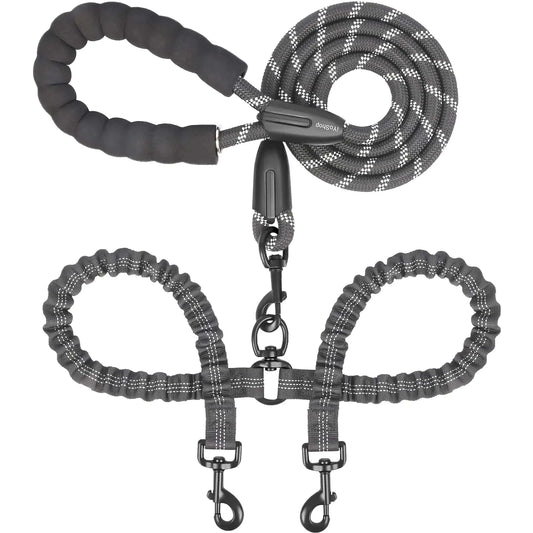 Black Noblias double dog leash coiled to show the padded handle, bungee branches and twin metal clasps