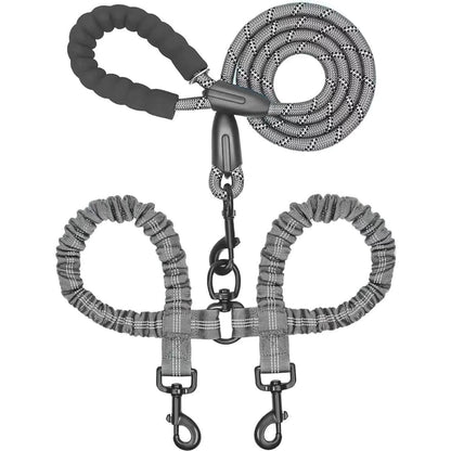 Gray double bungee dog leash with its padded handle, swivel and twin clasps