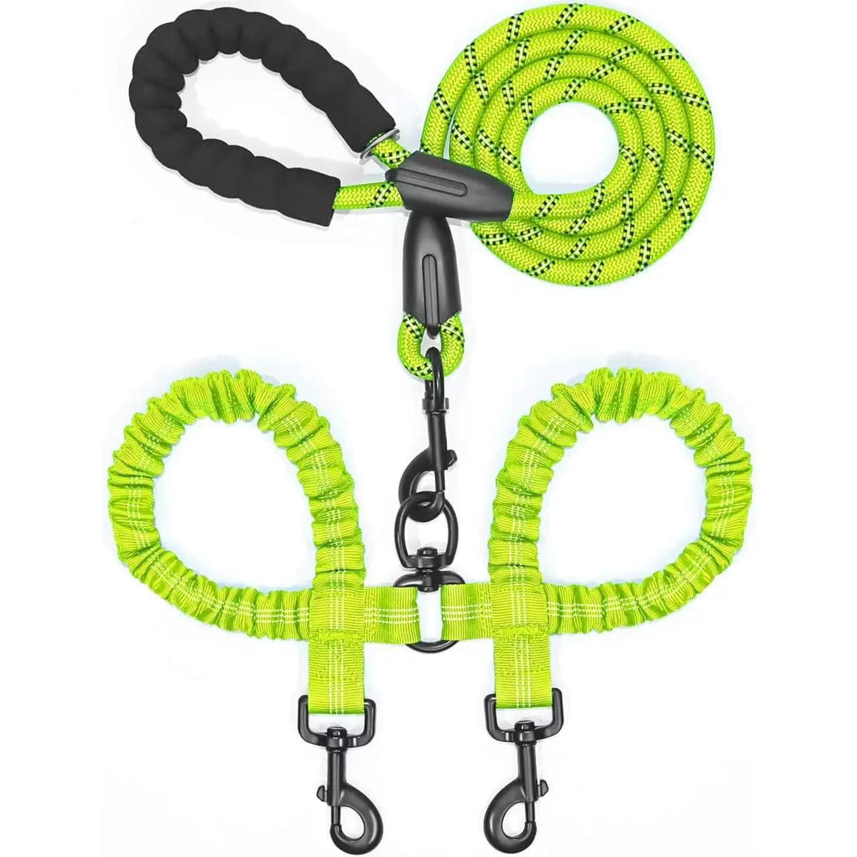 Green double bungee dog leash with its padded handle, swivel and twin clasps