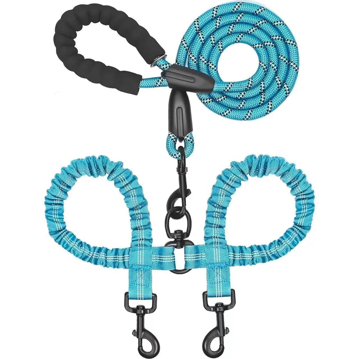 Light blue double bungee dog leash with its padded handle, swivel and twin clasps