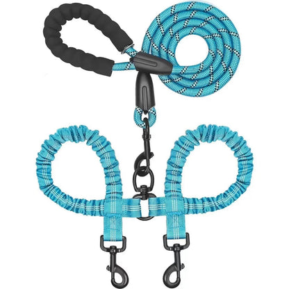Light blue double bungee dog leash with its padded handle, swivel and twin clasps