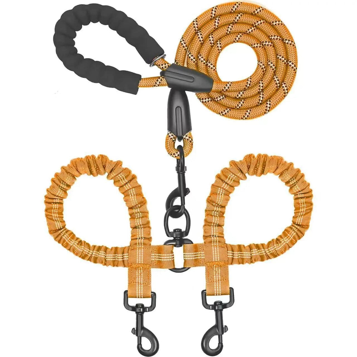 Orange double bungee dog leash with its padded handle, swivel and twin clasps