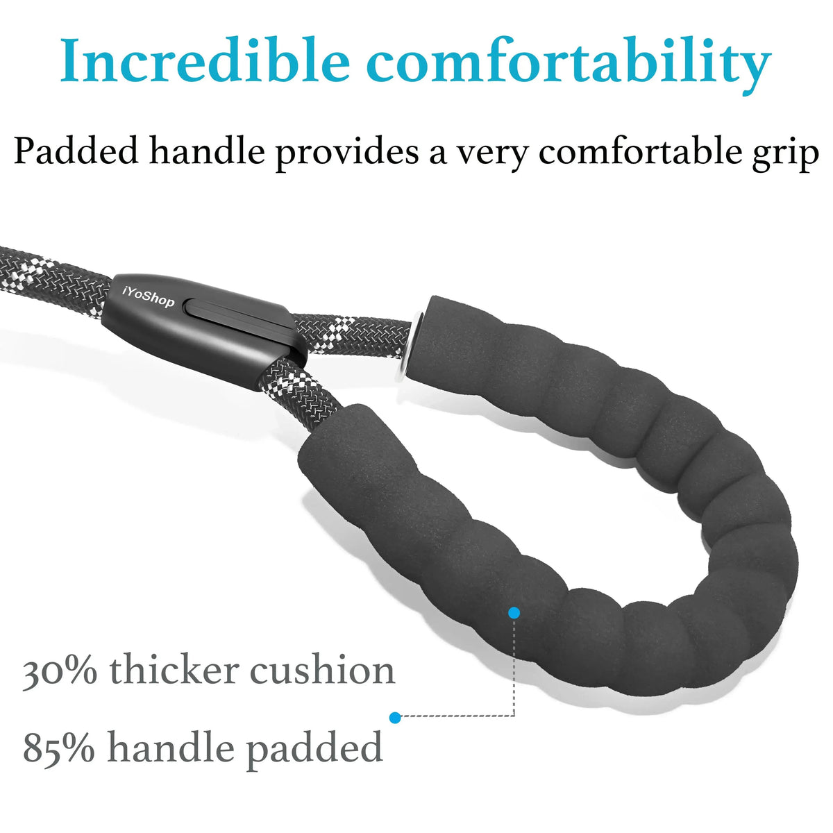 Close-up of the thickly padded foam handle on the double bungee dog leash