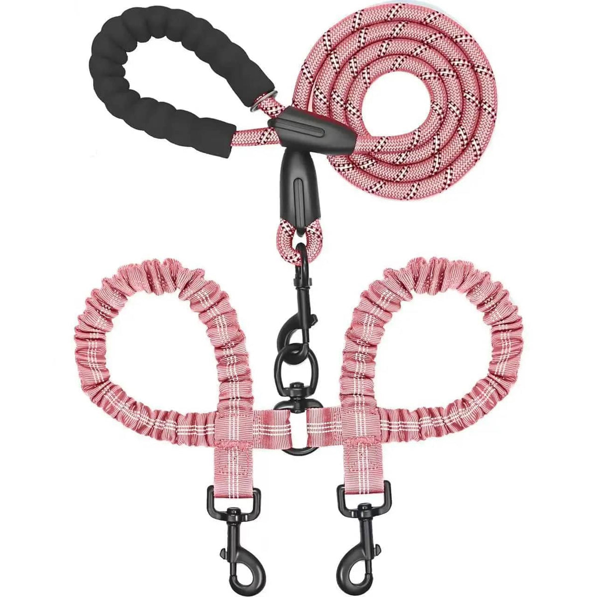 Pink double bungee dog leash with its padded handle, swivel and twin clasps
