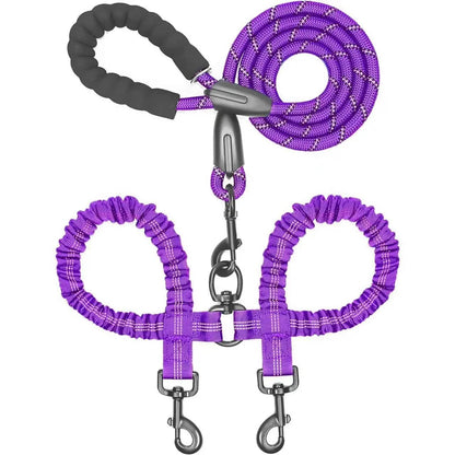 Purple double bungee dog leash with its padded handle, swivel and twin clasps