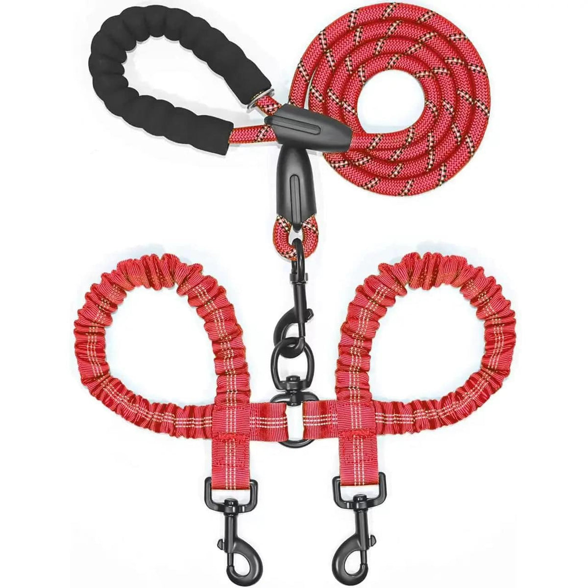 Red double bungee dog leash with its padded handle, swivel and twin clasps