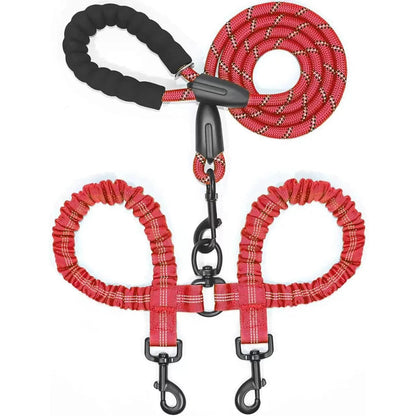 Red double bungee dog leash with its padded handle, swivel and twin clasps