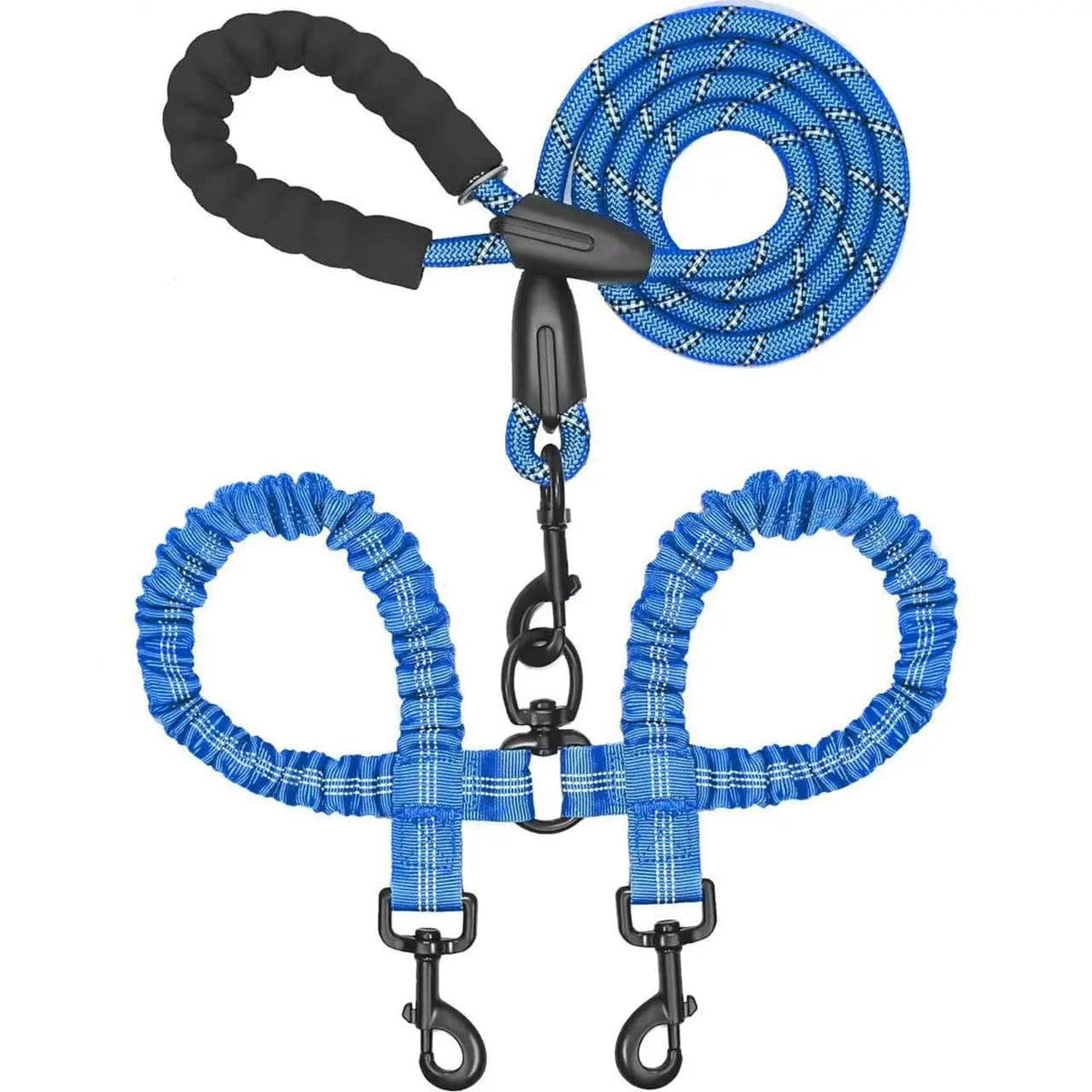 Royal blue double bungee dog leash with its padded handle, swivel and twin clasps