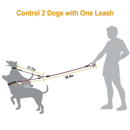 Control two dogs with one leash diagram giving the 17.7 inch branches and the overall lead length between dog and handler
